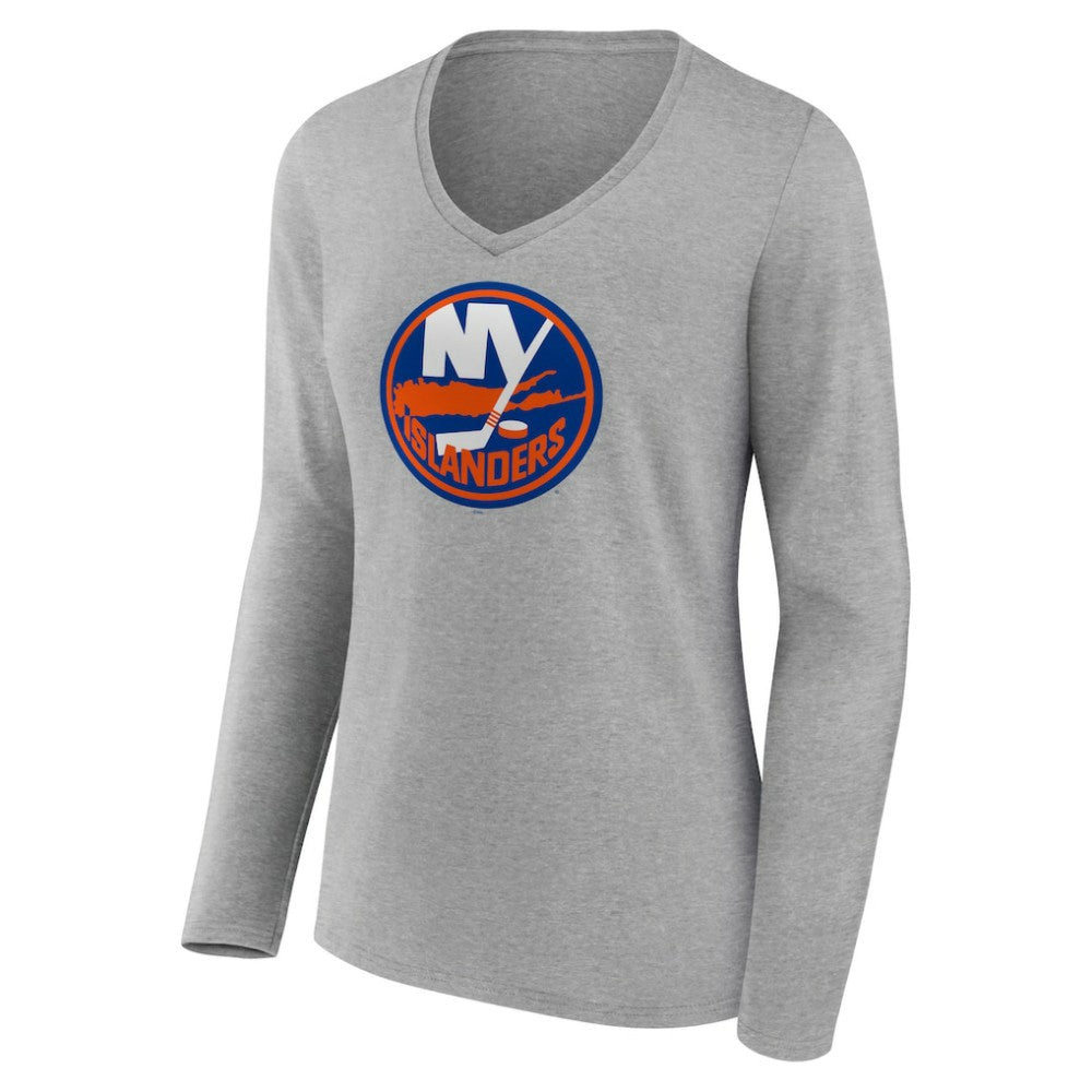 NHL Heather Gray New York Islanders Women's Primary Logo Team Long Sleeve V-Neck T-Shirt