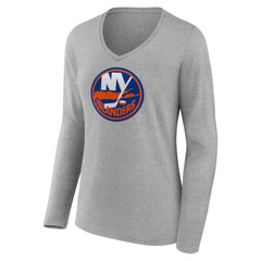 NHL Heather Gray New York Islanders Women's Primary Logo Team Long Sleeve V-Neck T-Shirt