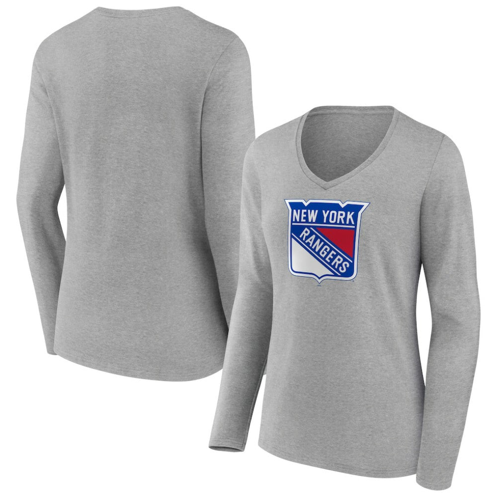 NHL Heather Gray New York Rangers Women's Primary Logo Team Long Sleeve V-Neck T-Shirt