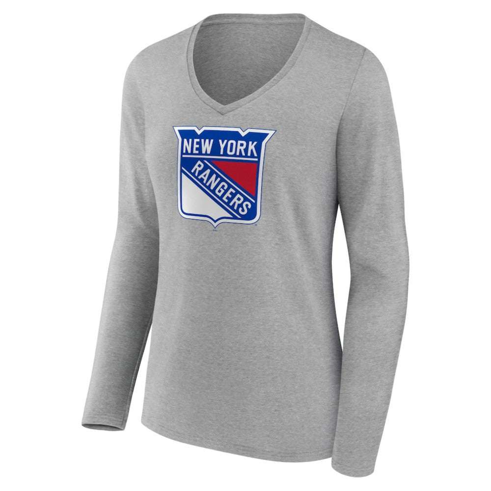 NHL Heather Gray New York Rangers Women's Primary Logo Team Long Sleeve V-Neck T-Shirt