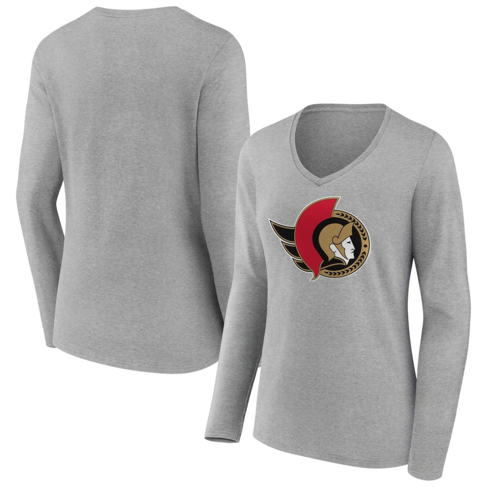 NHL Heather Gray Ottawa Senators Women's Primary Logo Team Long Sleeve V-Neck T-Shirt