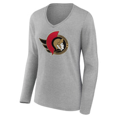 NHL Heather Gray Ottawa Senators Women's Primary Logo Team Long Sleeve V-Neck T-Shirt