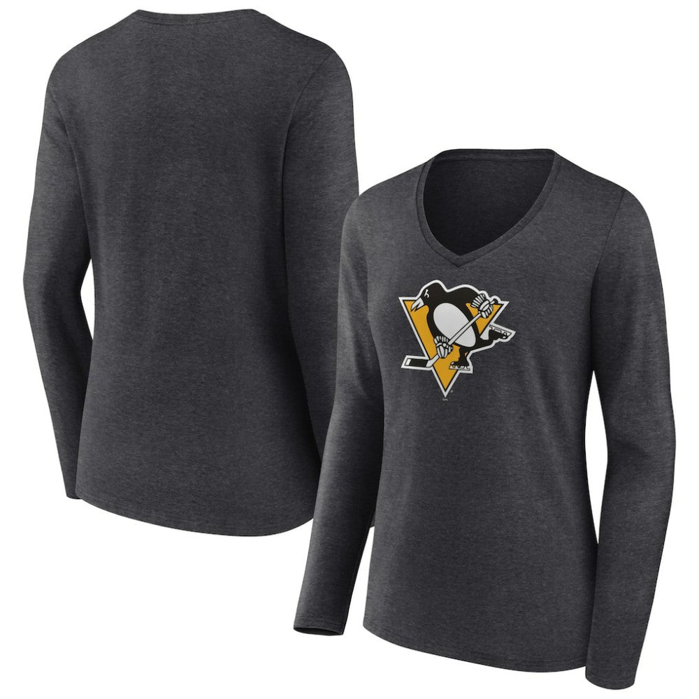 NHL Heather Charcoal Pittsburgh Penguins Women's Primary Team Logo Long Sleeve V-Neck T-Shirt