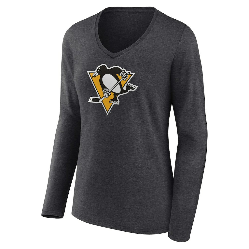 NHL Heather Charcoal Pittsburgh Penguins Women's Primary Team Logo Long Sleeve V-Neck T-Shirt