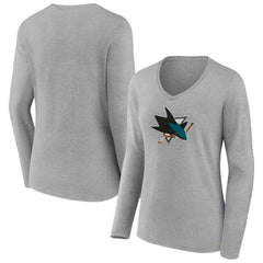 NHL Heather Gray San Jose Sharks Women's Primary Logo Team Long Sleeve V-Neck T-Shirt