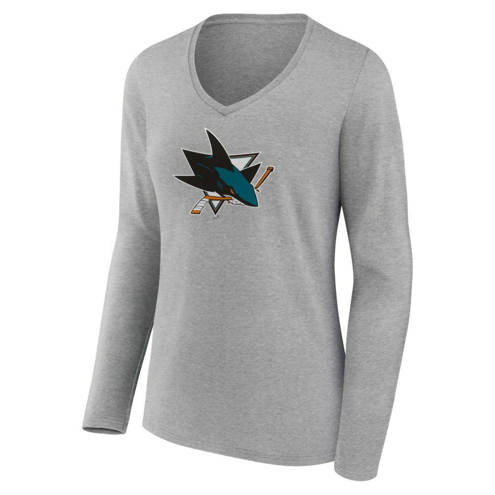 NHL Heather Gray San Jose Sharks Women's Primary Logo Team Long Sleeve V-Neck T-Shirt