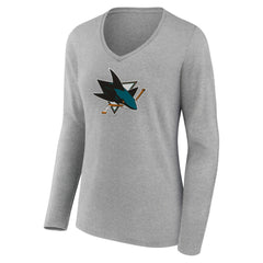 NHL Heather Gray San Jose Sharks Women's Primary Logo Team Long Sleeve V-Neck T-Shirt