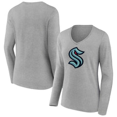 NHL Heather Gray Seattle Kraken Women's Primary Logo Team Long Sleeve V-Neck T-Shirt