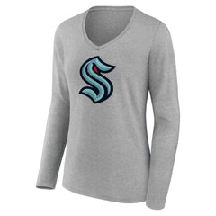 NHL Heather Gray Seattle Kraken Women's Primary Logo Team Long Sleeve V-Neck T-Shirt