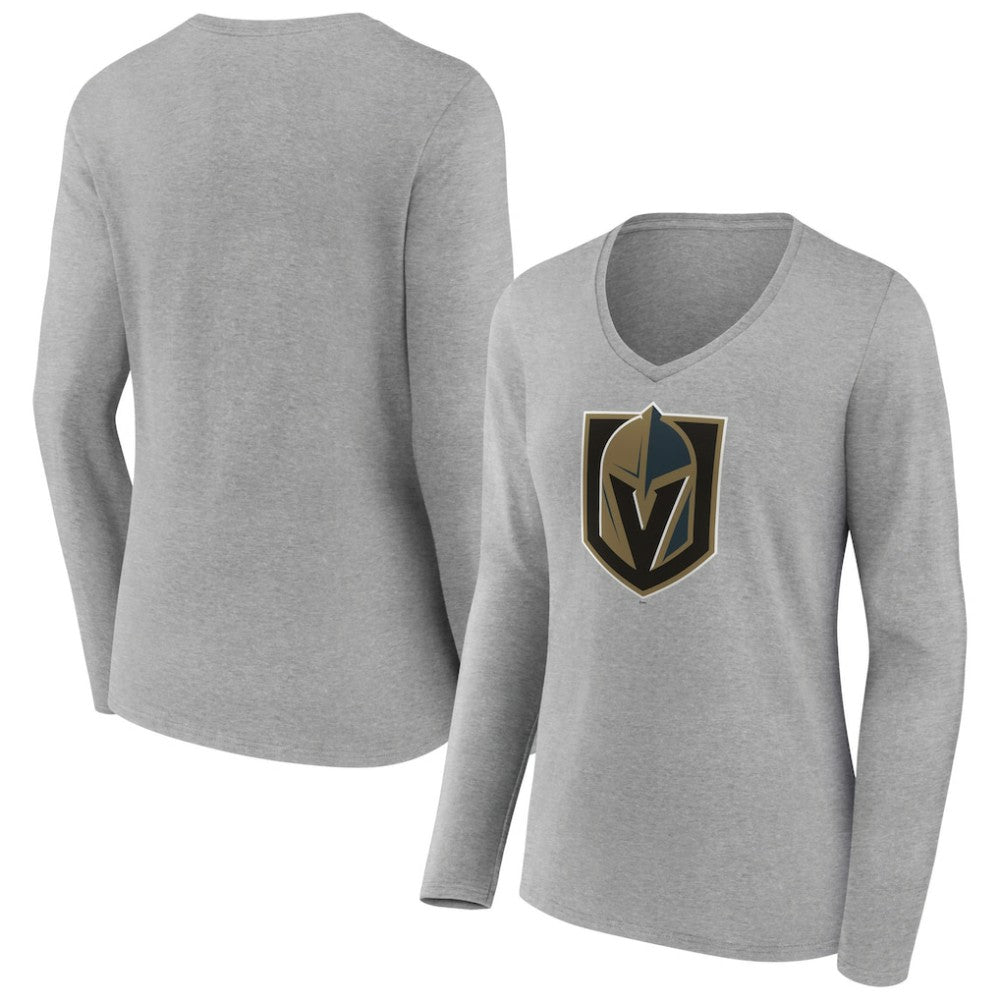 NHL Heather Gray Vegas Golden Knights Women's Primary Logo Team Long Sleeve V-Neck T-Shirt
