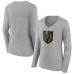NHL Heather Gray Vegas Golden Knights Women's Primary Logo Team Long Sleeve V-Neck T-Shirt