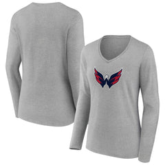 NHL Heather Gray Washington Capitals Women's Primary Logo Team Long Sleeve V-Neck T-Shirt