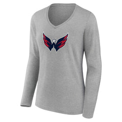 NHL Heather Gray Washington Capitals Women's Primary Logo Team Long Sleeve V-Neck T-Shirt