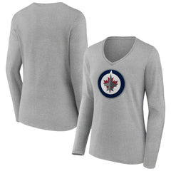NHL Heather Gray Winnipeg Jets Women's Primary Logo Team Long Sleeve V-Neck T-Shirt