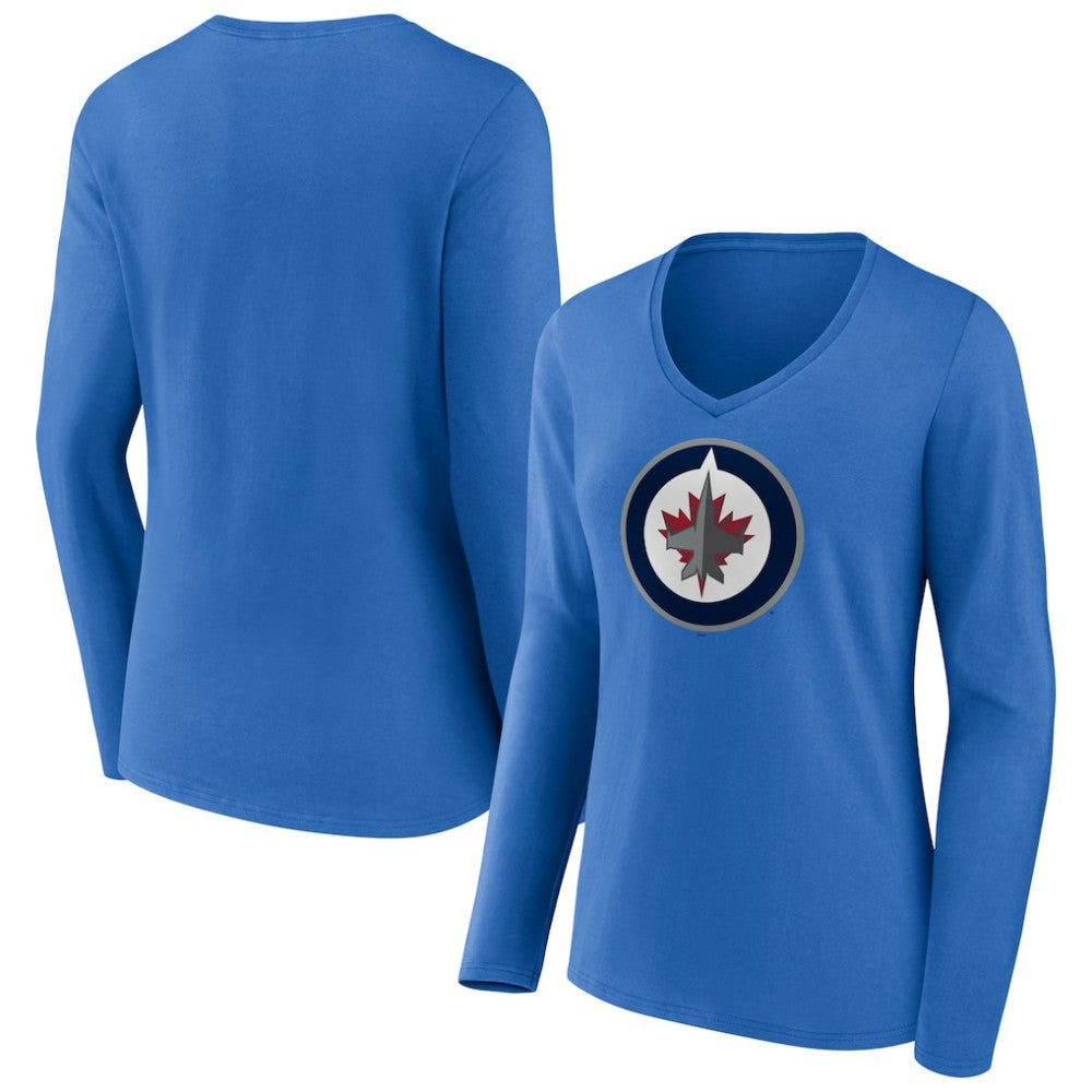NHL Blue Winnipeg Jets Women's Primary Team Logo Long Sleeve V-Neck T-Shirt