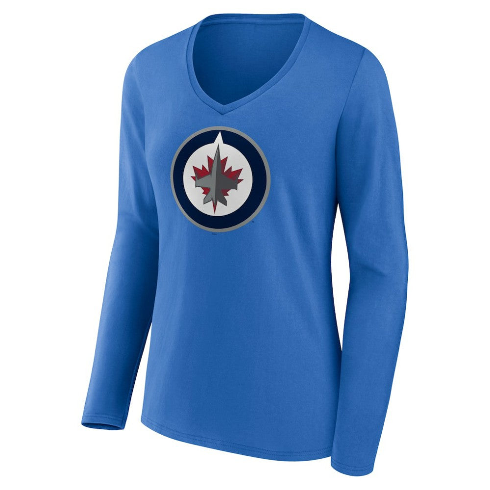 NHL Blue Winnipeg Jets Women's Primary Team Logo Long Sleeve V-Neck T-Shirt