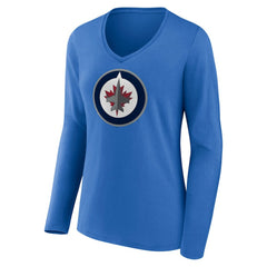 NHL Blue Winnipeg Jets Women's Primary Team Logo Long Sleeve V-Neck T-Shirt