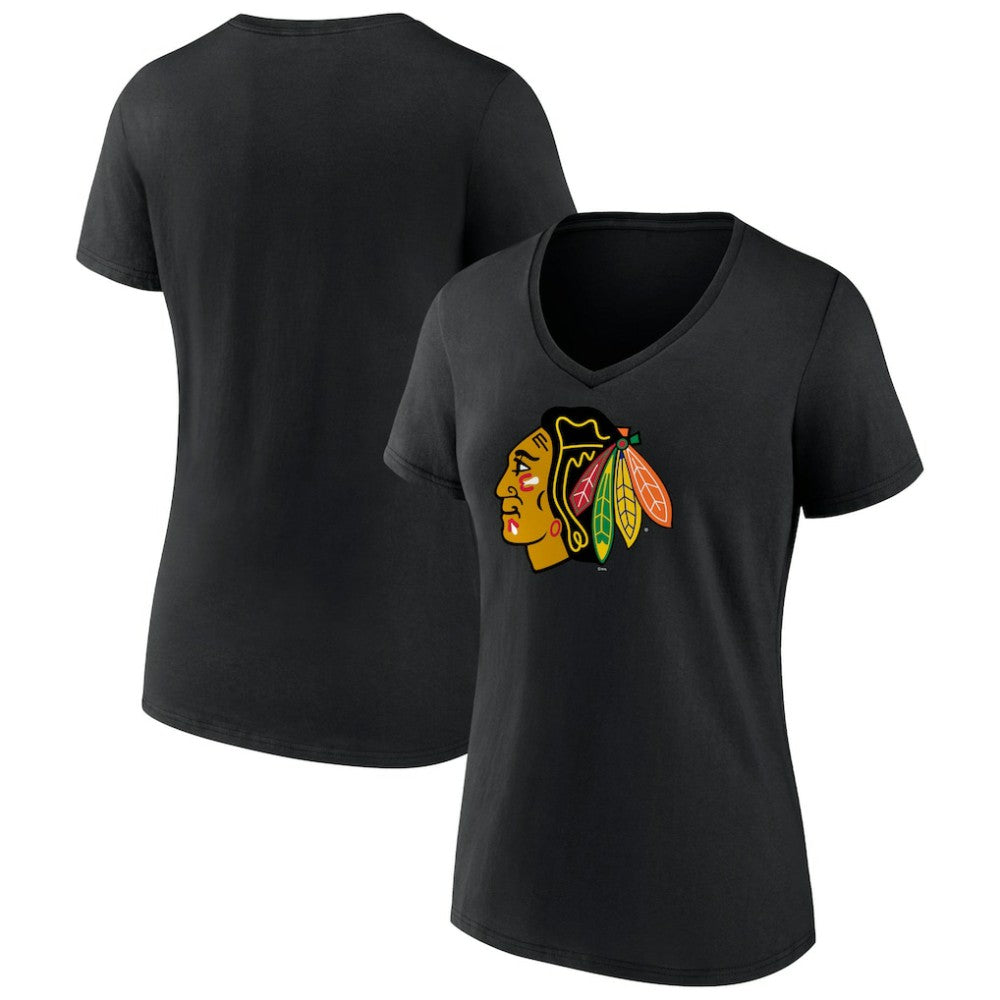 NHL Black Chicago Blackhawks Women's Team Primary Logo V-Neck T-Shirt