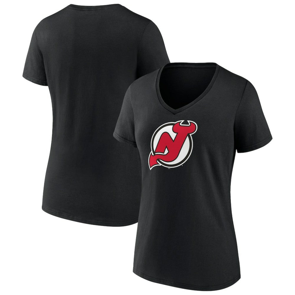NHL Black New Jersey Devils Women's Team Primary Logo V-Neck T-Shirt