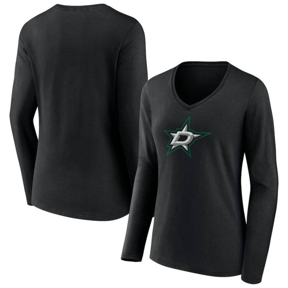 NHL Black Dallas Stars Women's Primary Team Logo Long Sleeve V-Neck T-Shirt
