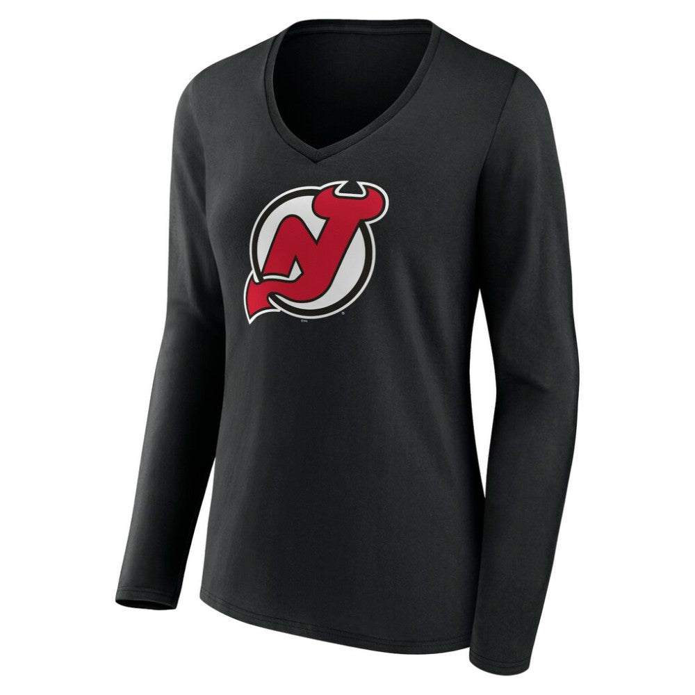 NHL Black New Jersey Devils Women's Primary Team Logo Long Sleeve V-Neck T-Shirt
