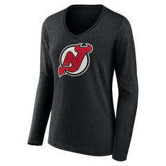 NHL Black New Jersey Devils Women's Primary Team Logo Long Sleeve V-Neck T-Shirt