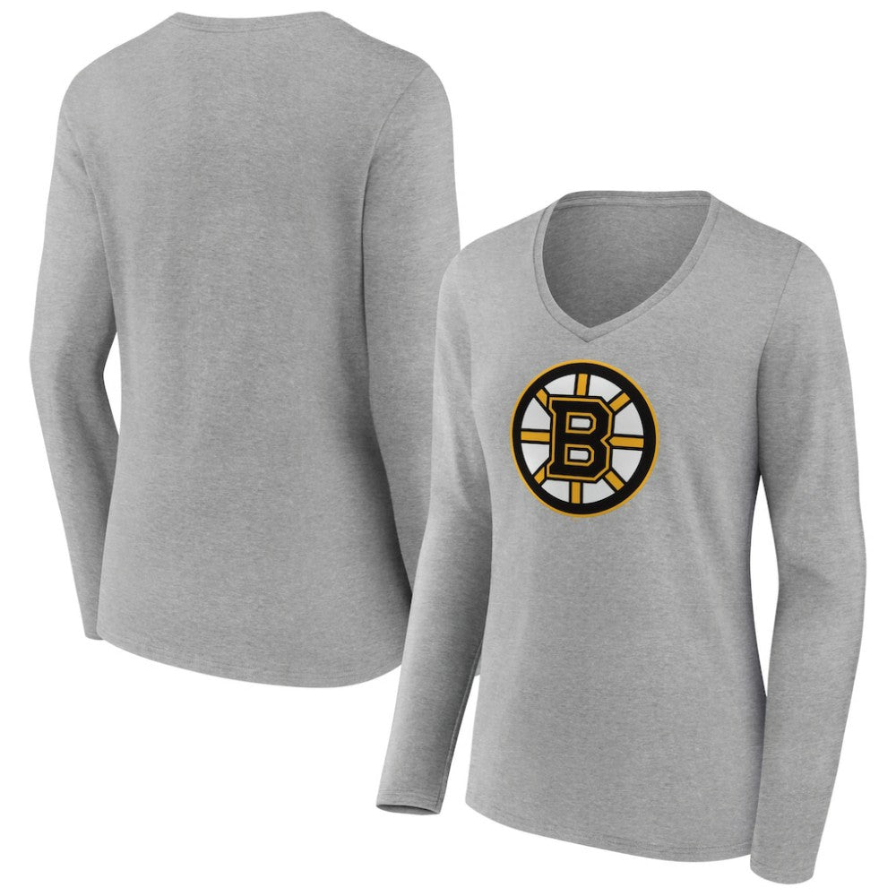 NHL Heather Gray Boston Bruins Women's Primary Logo Team Long Sleeve V-Neck T-Shirt