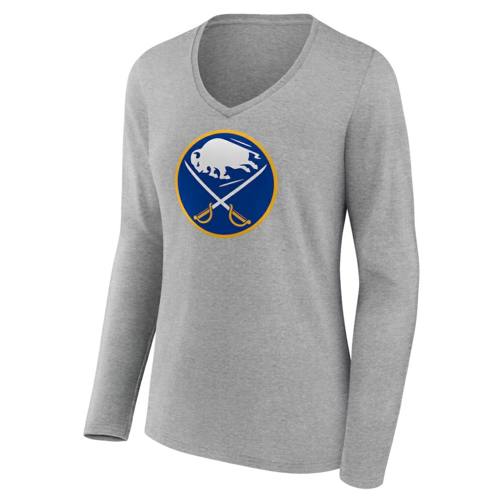 NHL Heather Gray Buffalo Sabres Women's Primary Logo Team Long Sleeve V-Neck T-Shirt