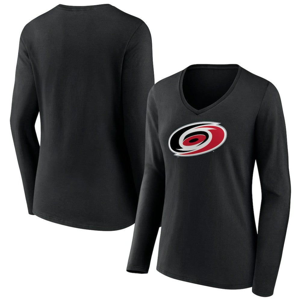 NHL Black Carolina Hurricanes Women's Primary Team Logo Long Sleeve V-Neck T-Shirt