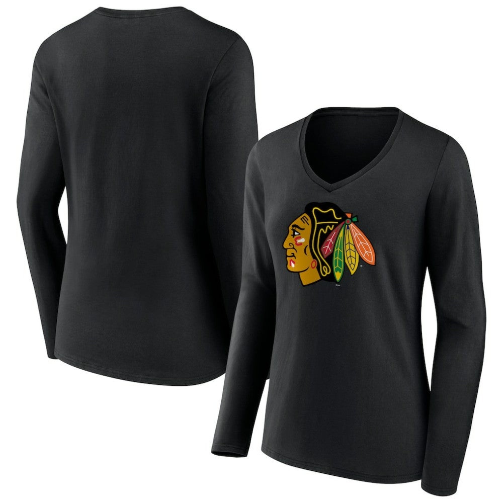 NHL Black Chicago Blackhawks Women's Primary Team Logo Long Sleeve V-Neck T-Shirt