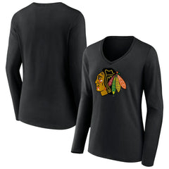NHL Black Chicago Blackhawks Women's Primary Team Logo Long Sleeve V-Neck T-Shirt