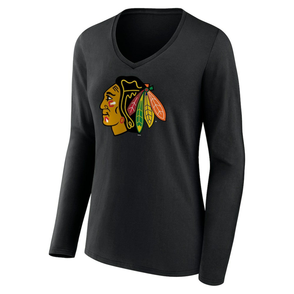 NHL Black Chicago Blackhawks Women's Primary Team Logo Long Sleeve V-Neck T-Shirt