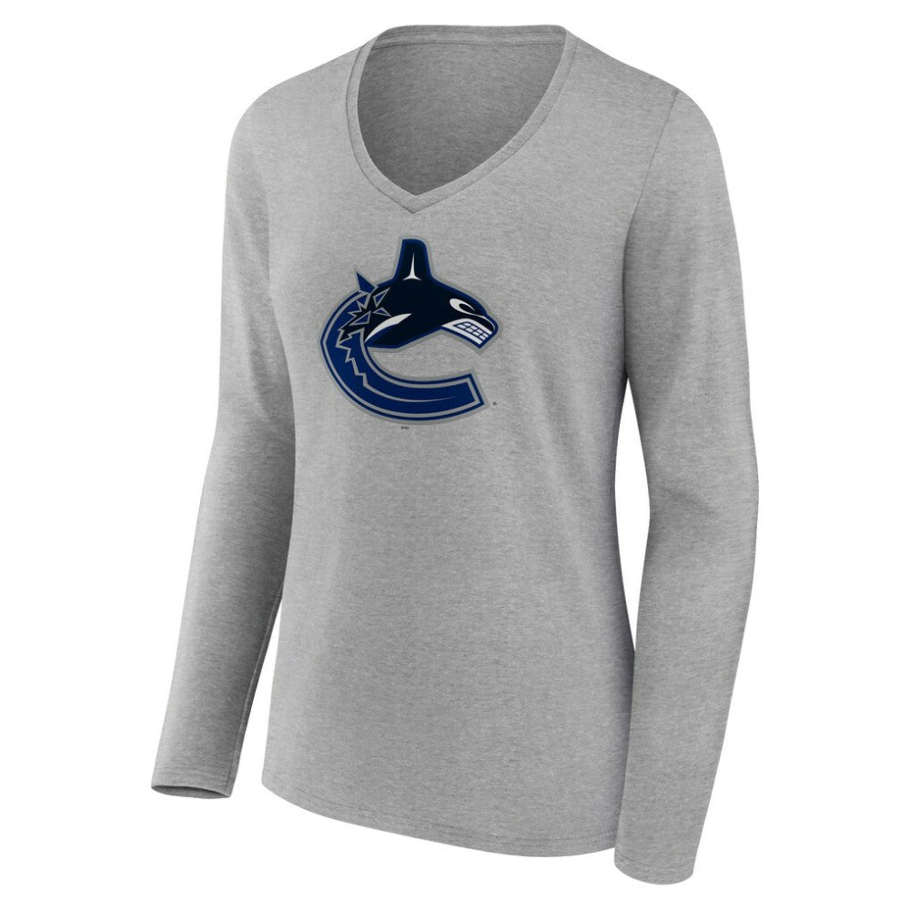NHL Heather Gray Vancouver Canucks Women's Primary Logo Team Long Sleeve V-Neck T-Shirt