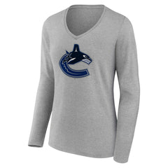 NHL Heather Gray Vancouver Canucks Women's Primary Logo Team Long Sleeve V-Neck T-Shirt