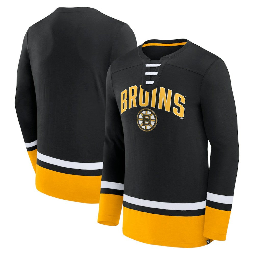 NHL Black Boston Bruins Fanatics Back Pass Lace-Up Long Sleeve T-Shirt