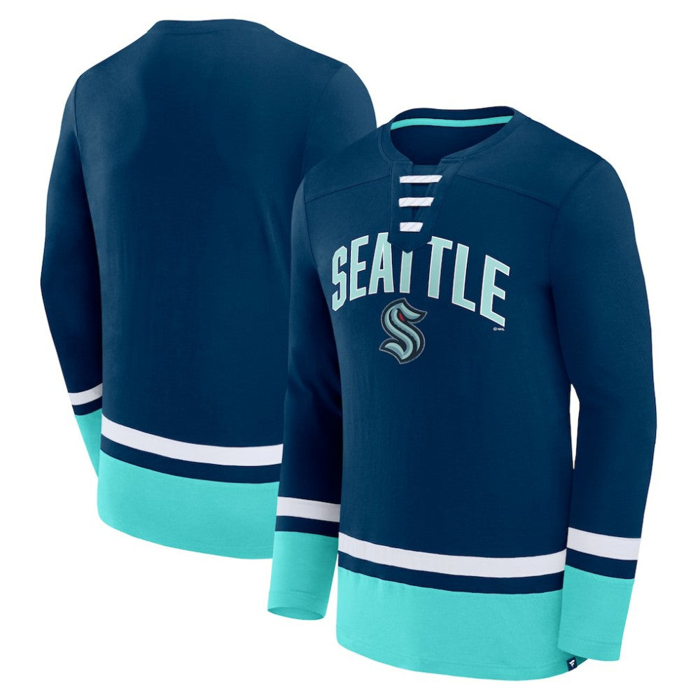 NHL Deep Sea Blue Seattle Kraken Fanatics Back Pass Lace-Up Long Sleeve T-Shirt
