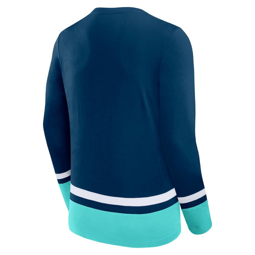 NHL Deep Sea Blue Seattle Kraken Fanatics Back Pass Lace-Up Long Sleeve T-Shirt