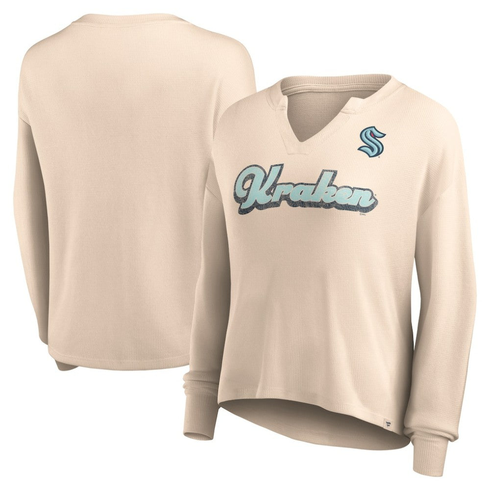 NHL Oatmeal Seattle Kraken Fanatics Women's Go For It Notch Neck Waffle Knit Long Sleeve T-Shirt