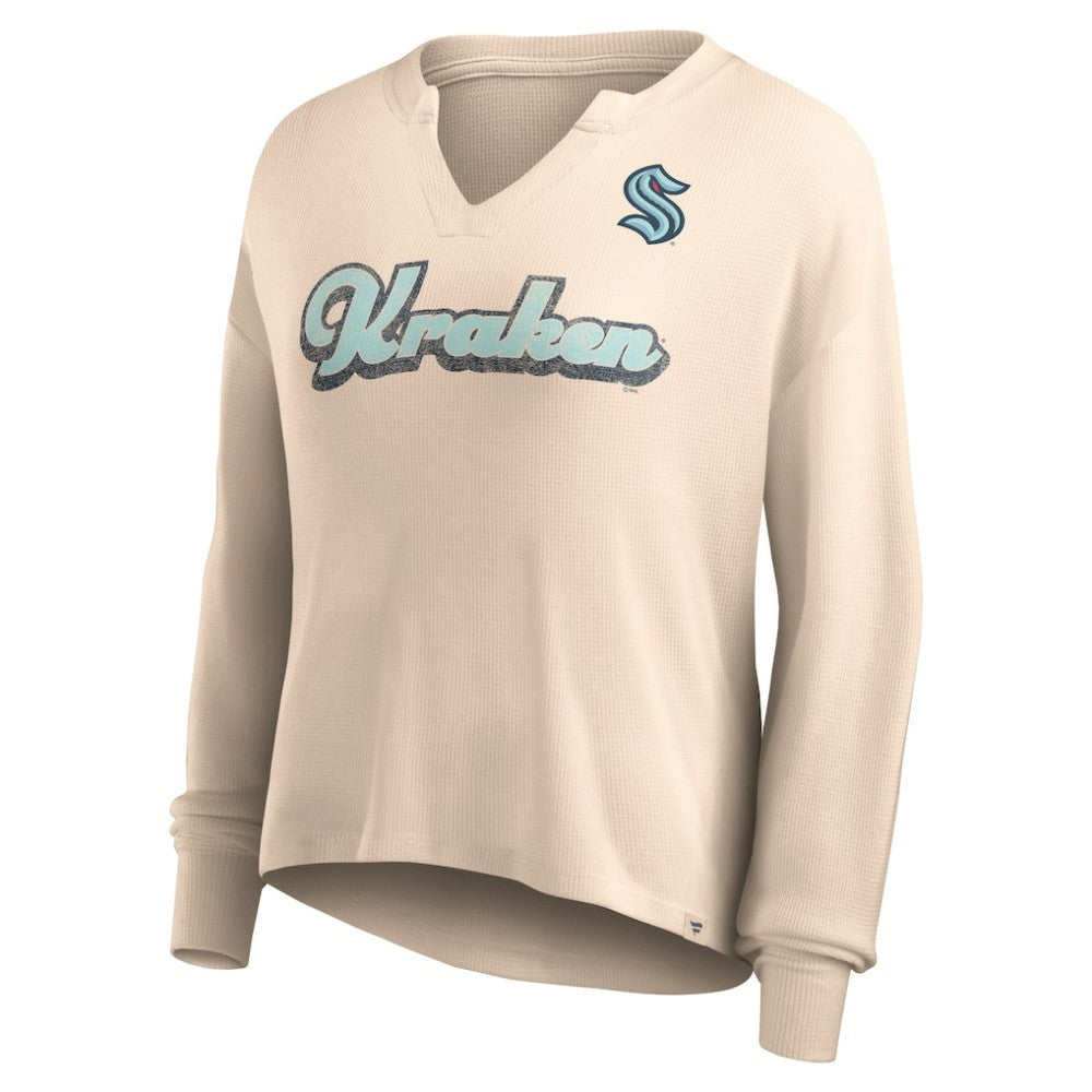 NHL Oatmeal Seattle Kraken Fanatics Women's Go For It Notch Neck Waffle Knit Long Sleeve T-Shirt