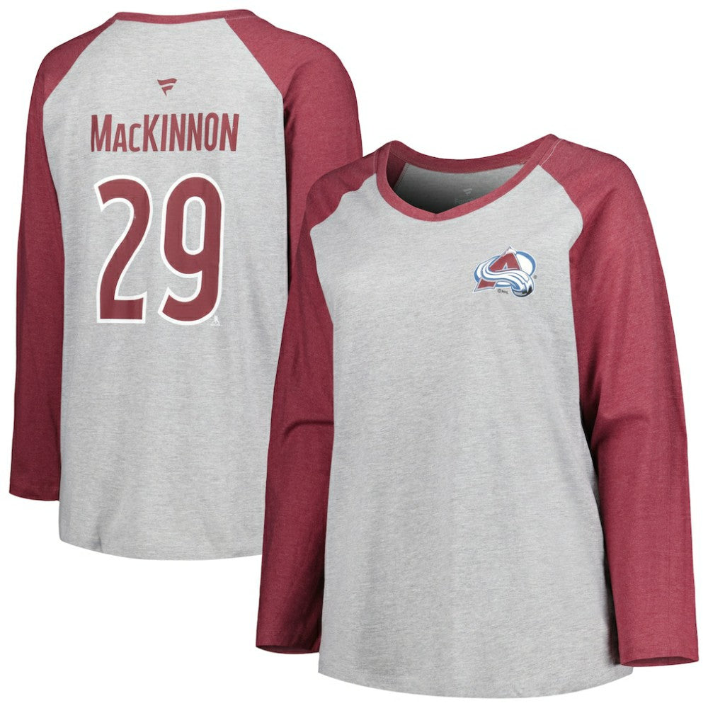 NHL Heather Gray/Heather Burgundy Nathan MacKinnon Colorado Avalanche Fanatics Women's Plus Size Name & Number Raglan Long Sleeve T-Shirt