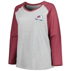 NHL Heather Gray/Heather Burgundy Nathan MacKinnon Colorado Avalanche Fanatics Women's Plus Size Name & Number Raglan Long Sleeve T-Shirt