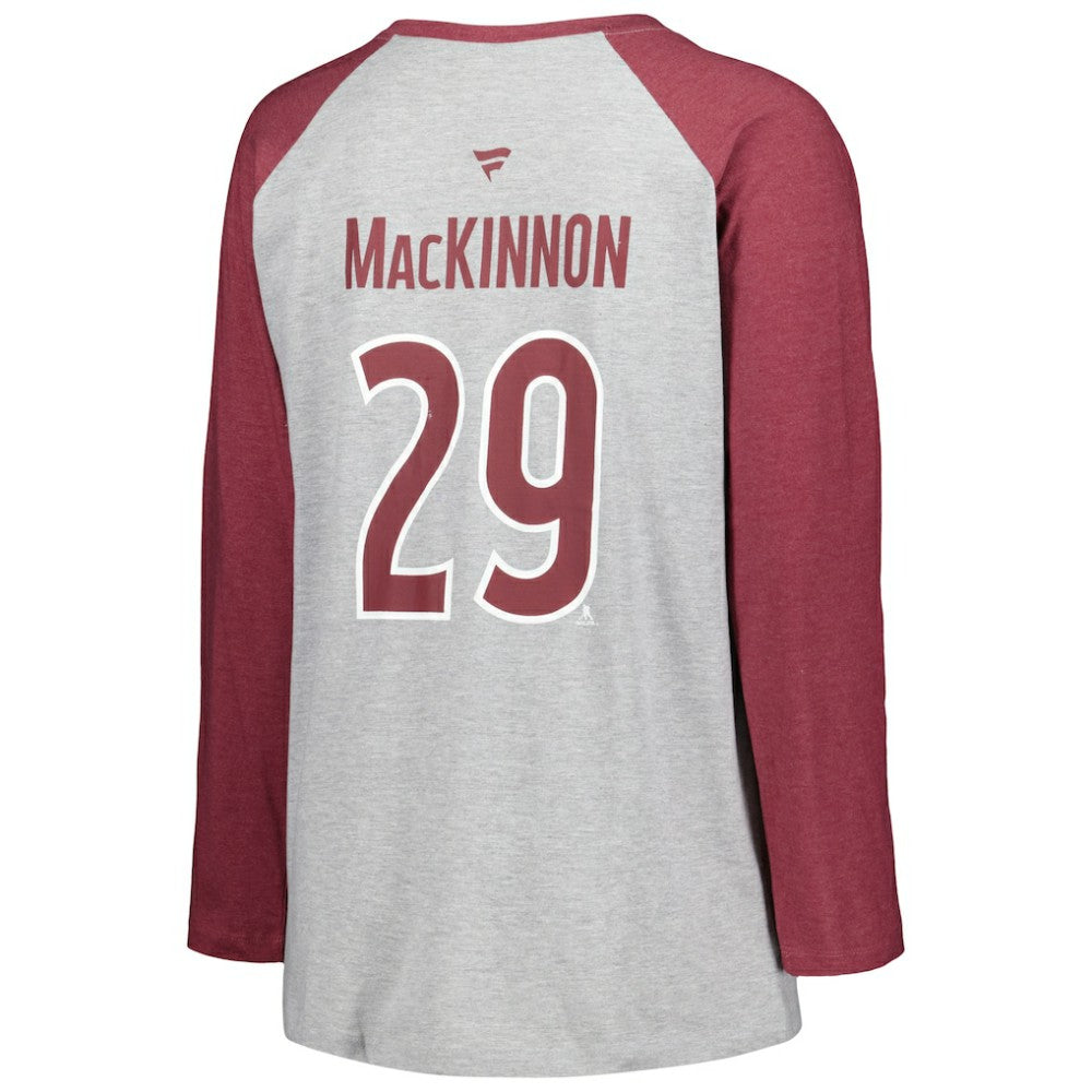 NHL Heather Gray/Heather Burgundy Nathan MacKinnon Colorado Avalanche Fanatics Women's Plus Size Name & Number Raglan Long Sleeve T-Shirt