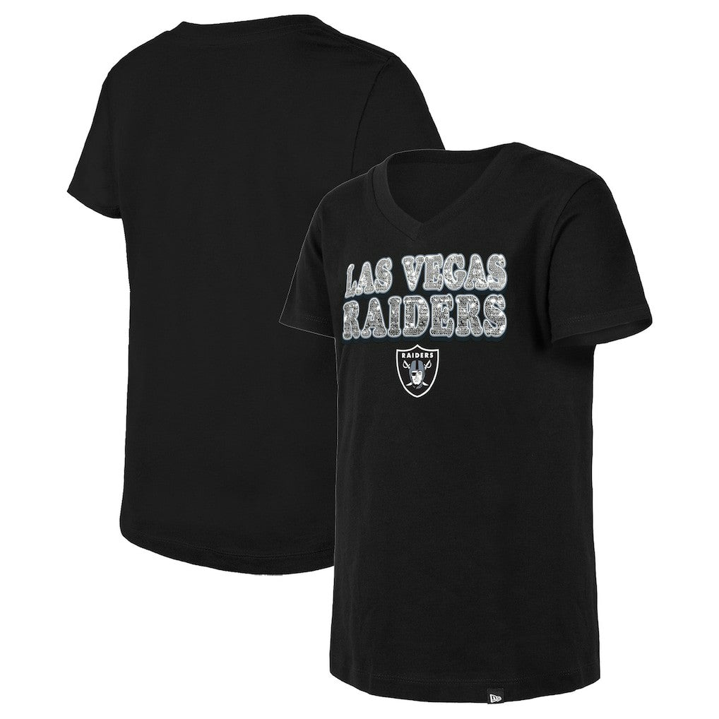 Girls Youth Reverse Sequin V-Neck T-Shirt - Las Vegas Raiders