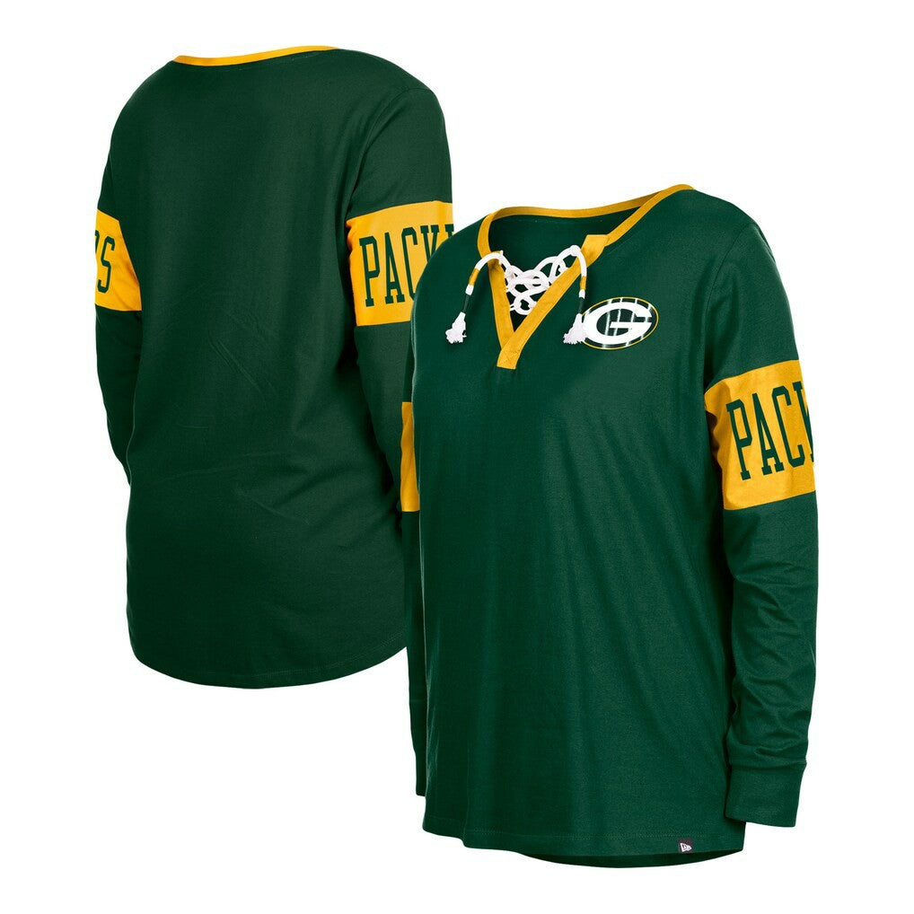 Women's Lace-Up Notch Neck Long Sleeve T-Shirt - Green Bay Packers