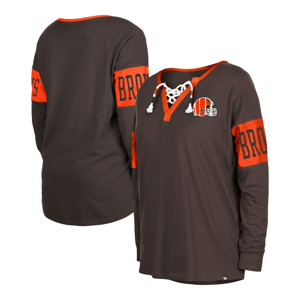 Women's Lace-Up Notch Neck Long Sleeve T-Shirt - Cleveland Browns