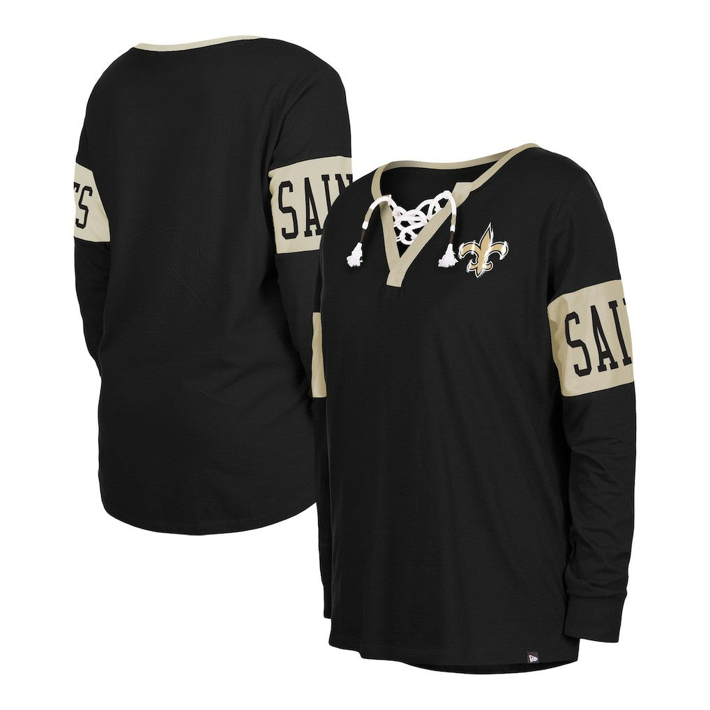 Women's Lace-Up Notch Neck Long Sleeve T-Shirt - New Orleans Saints