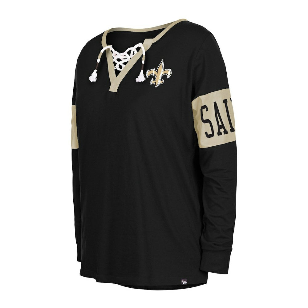 Women's Lace-Up Notch Neck Long Sleeve T-Shirt - New Orleans Saints