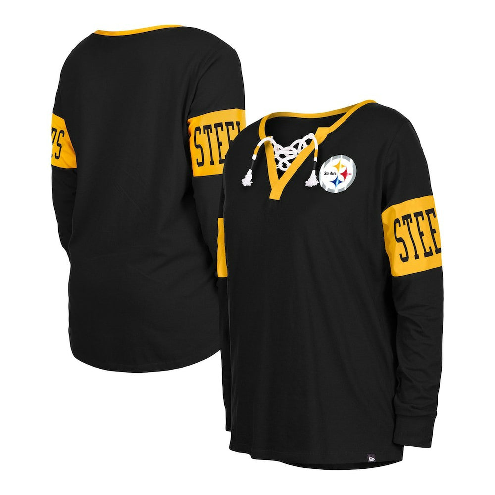 Women's Lace-Up Notch Neck Long Sleeve T-Shirt - Pittsburgh Steelers