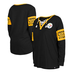Women's Lace-Up Notch Neck Long Sleeve T-Shirt - Pittsburgh Steelers