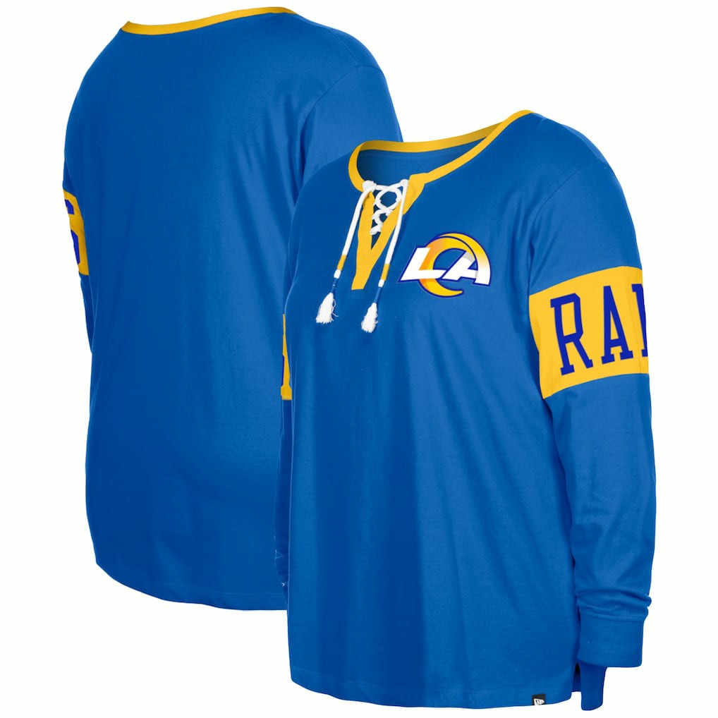 Women's Plus Size Lace-Up Notch Neck Long Sleeve T-Shirt - Los Angeles Rams